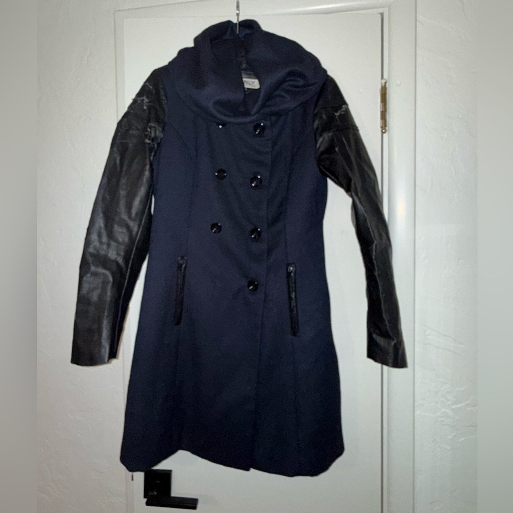 Blue peacoat with faux leather sleeves